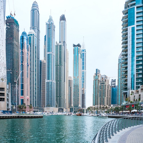 Picture of a modern skyline with many tall skyscrapers overlooking a marina
